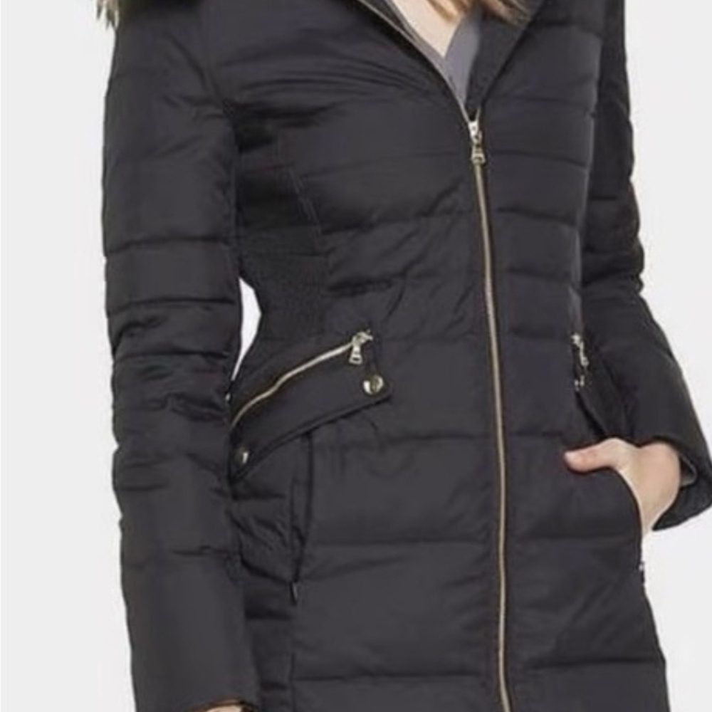 Express Women's Black Puffer Coat with Gold Accents